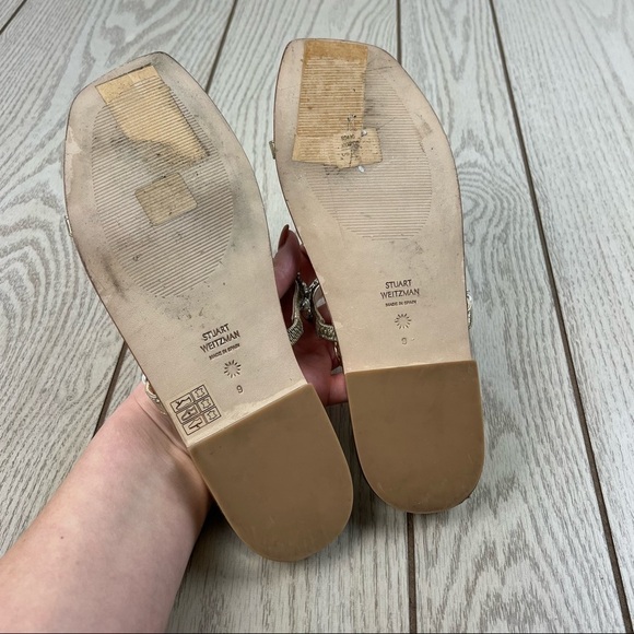 Stuart Weitzman Aleena Shine Pearl & Gem Embellished Flat Sandals 9 Platino $450 - Picture 9 of 11